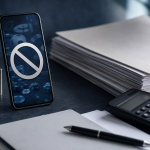 Celular com tela abstrata de bloqueio de apostas on-line ao lado de documentos oficiais e calculadora, sem textos, logotipos ou números legíveis