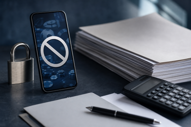 Celular com tela abstrata de bloqueio de apostas on-line ao lado de documentos oficiais e calculadora, sem textos, logotipos ou números legíveis