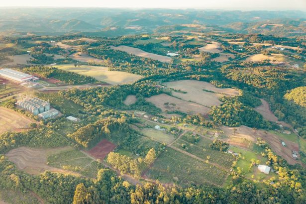 Vista aérea de áreas agrícolas e do campo no Rio Grande do Sul durante o dia