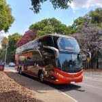 Ônibus urbano de dois andares circula por uma via arborizada de Brasília em um dia ensolarado.